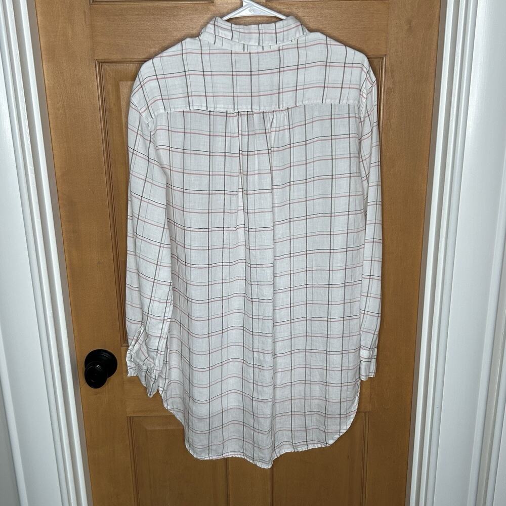 Cut Loose Long Linen Tunic Shirt Size L White Plaid Button Up - Picture 2 of 6